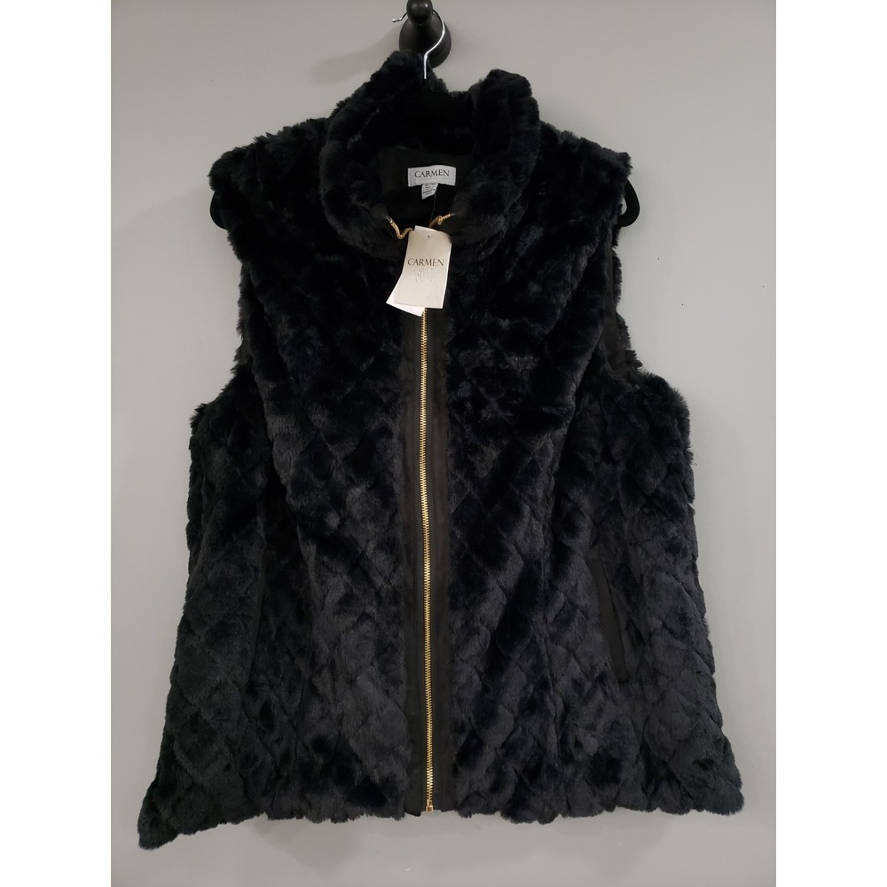 NEW XL Carmen Marc Valvo‎ Black Faux Fur Zip Up Black Gold Vest Womens